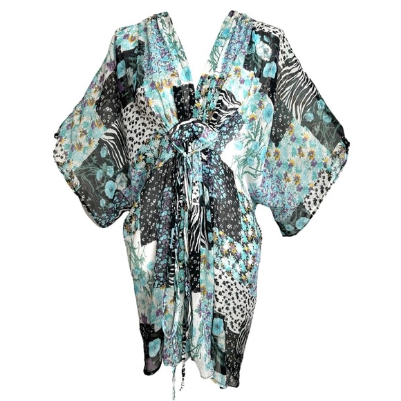 Vintage Y2K Bebe Dress Calcutta SHEER Blue Black Patchwork Floral Fairy Kaftan - Picture 3 of 10
